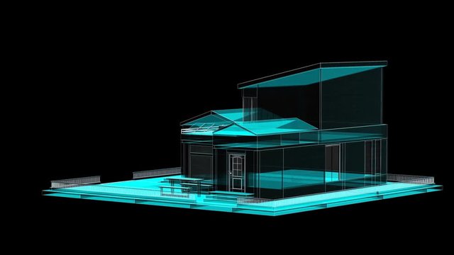 Rounded Smart home, internet of things. blue x-ray image, 4k animation.