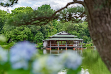 清澄庭園の涼亭を大泉水の対岸から見る