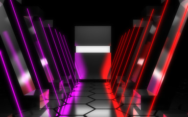 3d abstract neon room. alien reactor. spaceship. datacenter concept. 3d illustration