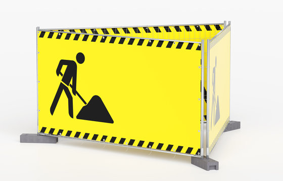 Baustelle - Absperrung - Bauzaun - Drei Bauzaunfelder als Dreieck aufgestellt - mit Banner Plane Bauzaunbanner gelb mit Warnmarkierungen und Baustellensymbol - hohe Perspektive - von der Seite