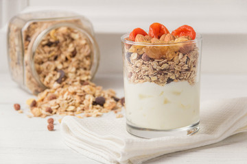 Homemade yogurt with granola, dried fruit and nuts bio with most healthy seed.