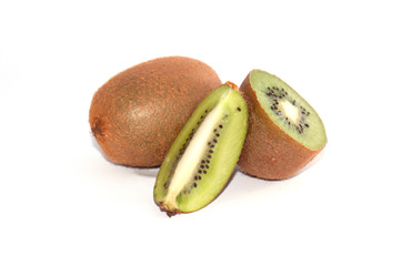 A piece of kiwi and whole fruit, a slice close-up on a white background