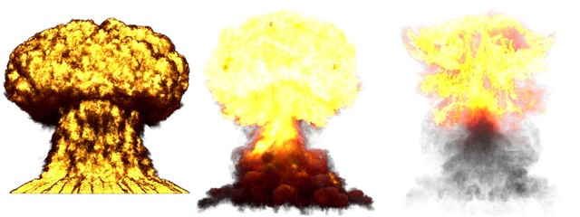 3D illustration of explosion - 3 big highly detailed different phases mushroom cloud explosion of nuclear bomb with smoke and fire isolated on white