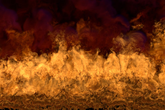 fiery wild fire on black background, flaming frame with dark smoke - fire from image corners - fire 3D illustration
