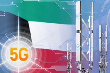 Kuwait 5G industrial illustration, large cellular network mast or tower on modern background with the flag - 3D Illustration