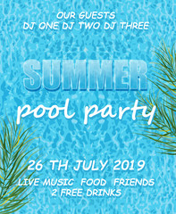 Summer pool party poster Vector. Summer banner blue water backgrounds