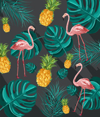 Naklejka premium Summer tropic pattern Vector. Flamingo and green palm leaves decor textures