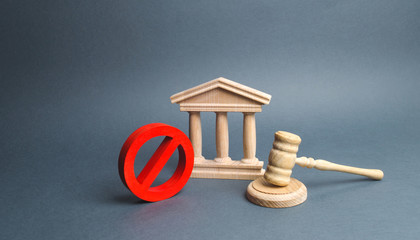 Courthouse with judge's gavel and sign NO. concept of censorship and the production of restrictions...