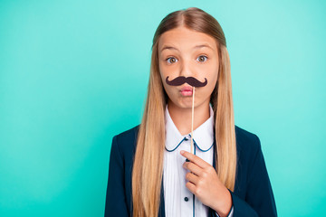 Close up photo beautiful she her little lady pretty hairdress funky fake paper moustache like boy 1...