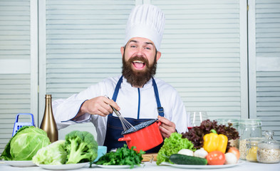 Cuisine culinary. Vitamin. Vegetarian salad with fresh vegetables. Healthy food cooking. Mature hipster with beard. Dieting organic food. Happy bearded man. chef recipe. Leisure time