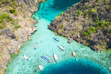 Aerial view of beautiful lagoons and limestone cliffs of Coron, Palawan, Philippines