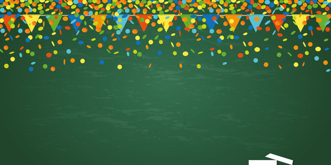 colorful confetti rain party flags on school black board vector illustration EPS10
