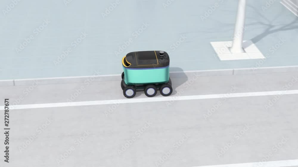 Poster self-driving delivery robots and delivery van on the street. 3d rendering animation.