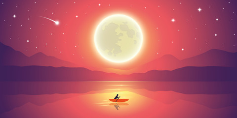 lonely canoeing adventure with orange boat at starry night and full moon romantic landscape vector illustration EPS10