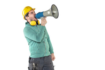 the construction worker holds a megaphone in his hands, the concept of issuing orders