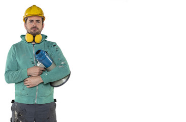 the construction worker holds a megaphone in his hands, the concept of issuing orders