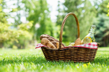 Picnic basket with food on green sunny lawn.
