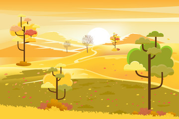 Vector illustrationn of panorama autumn landscape in english countryside with forest trees and leaves falling,Panoraic of farm field, pumpkin under the tree in fall season with yellow foliage.