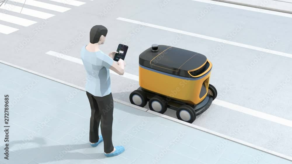 Poster low polygon style man using smartphone to unlock self-driving delivery robot's door. last one mile c