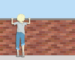 Poor Boy Looking Over Brick Wall