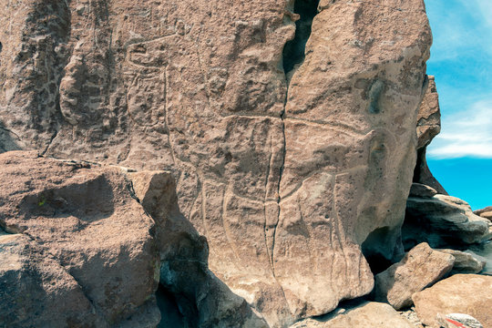 Ancient Petroglyphs on the Rocks at Yerbas Buenas in Atacama Desert, Chile, South America