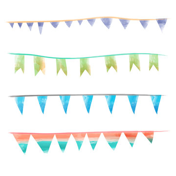 Watercolor vintage flags garlands set in vector. Party and wedding decor elements