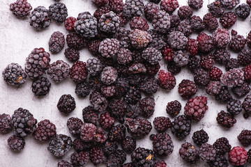 Closeup of fresh frozen blackberries, top view
