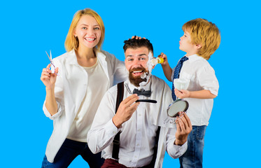 Barbershop. Bearded man. Barber shop tools. Beard care. Bearded man in barbershop. Hipster. Foam...