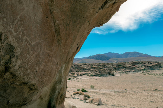 Ancient Petroglyphs on the Rocks at Yerbas Buenas in Atacama Desert, Chile, South America