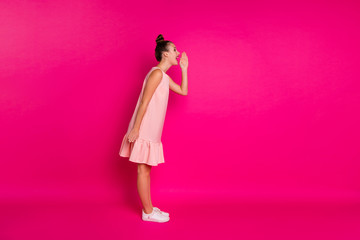 Full length body size profile side view of her she nice charming attractive lovely cheerful cheery slim fit thin girl saying message isolated on bright vivid shine pink fuchsia background - obrazy, fototapety, plakaty