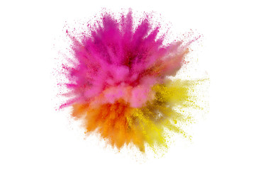 Colored powder explosion. Abstract closeup dust on backdrop. Colorful explode. Paint holi