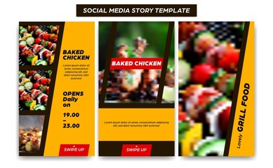 Instagram story template banner design for restaurant baked grill barbeque in orange & dark browns with swipe up call to action