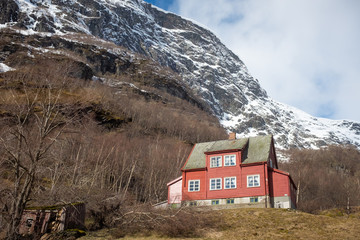 Scenic view of a beautiful solitary house in Norwegian fjords