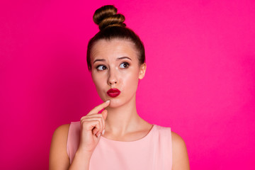 Close-up portrait of her she nice-looking charming attractive lovely winsome minded girl touching chin problem solution isolated on bright vivid shine pink fuchsia background
