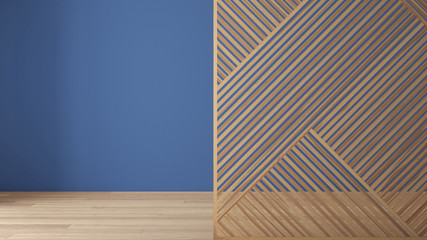 Empty room with wooden panel, parquet floor. Blue wall background with copy space. Minimalist zen interior design concept idea, modern architecture template