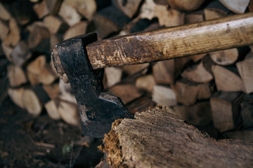 The ax is stabbed with a blade into the stump. Ax with wooden handle
