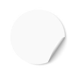 Blank empty white round sticker with a turned edge. Promotional sticker on white background