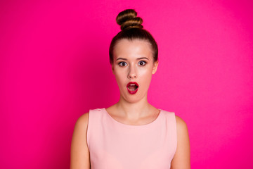 Close-up portrait of her she nice-looking charming attractive fascinating lovable lovely worried girl news opened mouth isolated over bright vivid shine pink fuchsia background