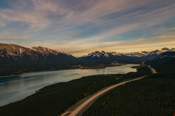 Epic Helicopter Flight during sunset at the Abraham Lake in Canada