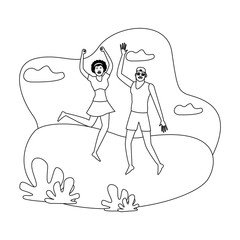 Happy couple in summer cartoons in black and white