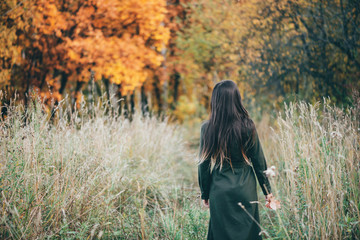 Dreamy beautiful girl with long natural black hair on background with colorful leaves. Fallen...