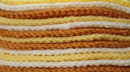 A pile of tender yellow, brown and white knitted elements. Warm and soft wallpaper, pattern, background