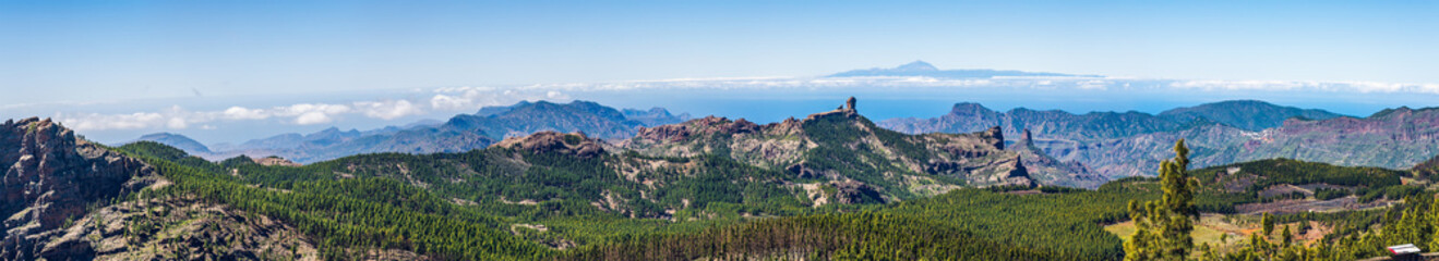 Colorful and scenic panorama View Of Roque Nublo And El Teide - Tejeda, Gran Canaria, Canary Islands, Spain