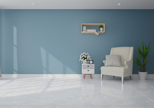 Interior mock up with gray sofa in living room with dark wall. 3D rendering