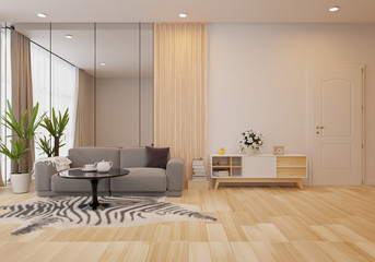 Interior mock up with gray velvet sofa in living room with white wall. 3D rendering.