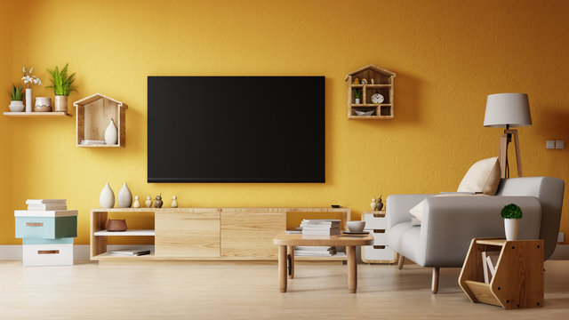 Interior poster mock up living room with colorful white sofa. 3D rendering. 