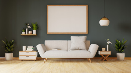 Poster above white sofa with plants next to grey sofa in simple living room interior.3D Rendering