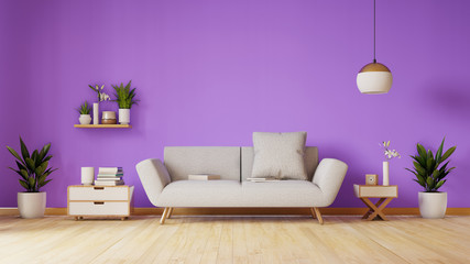 Modern living room with sofa and Decoration have violet wall,3D rendering