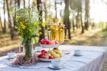 Field flowers bouquet with fresh apples, some snacks, russian samovar, cups on table outdoors