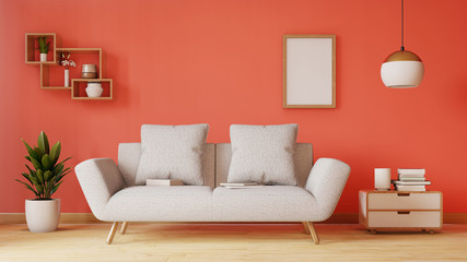 Empty living room with blue fabric sofa ,lamp and plants on empty white wall background.3d rendering